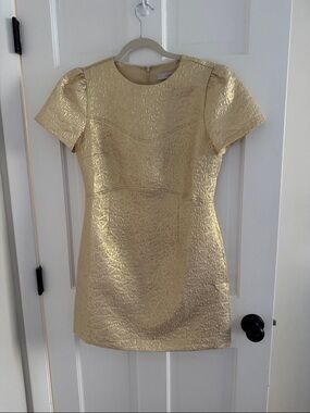 LOFT Metallic Gold Short Sleeve Textured Mini Dress